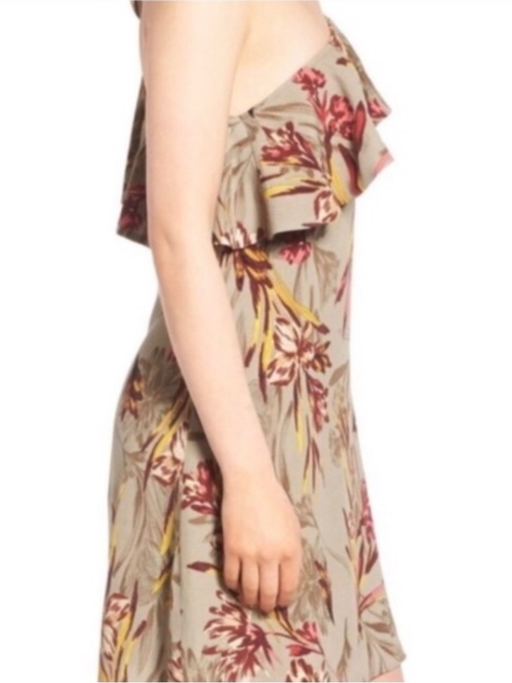 Astr One-Shoulder Floral Ruffle Dress - Beige/Green Multicolor - Picture 3 of 8